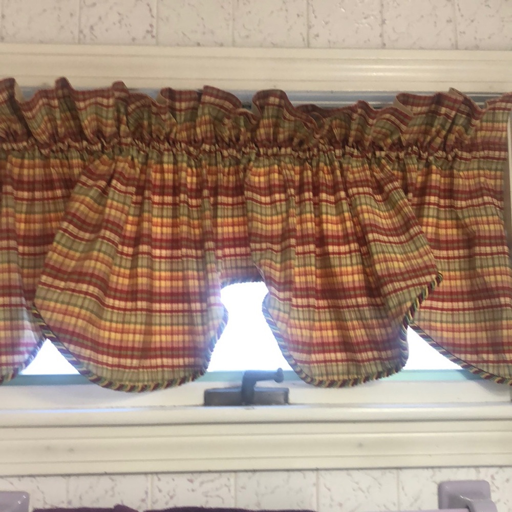 Four 72 inch Valances. Red, Gold and Green sateen finish.